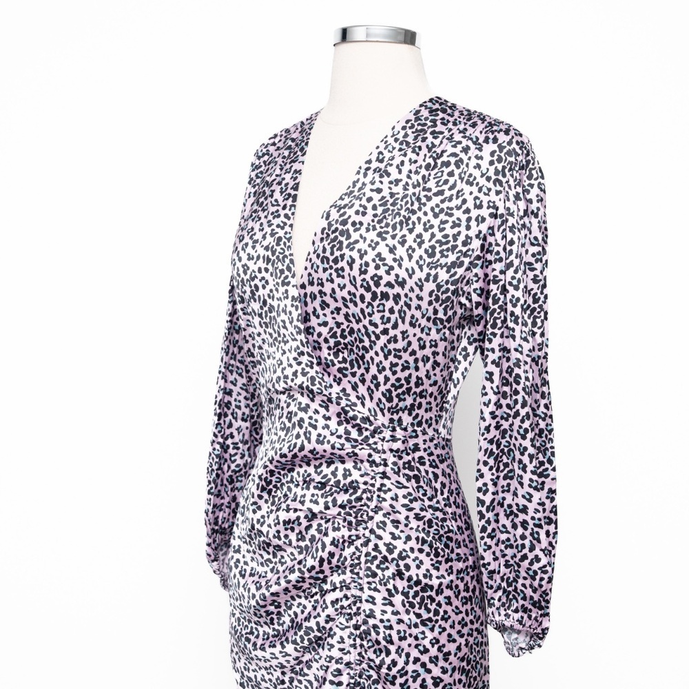 Maje | Maje Draped Leopard-Print Mini Dress‎ Pink Black Puff Sleeve V-Neck  NWT - Picture 9 of 13
